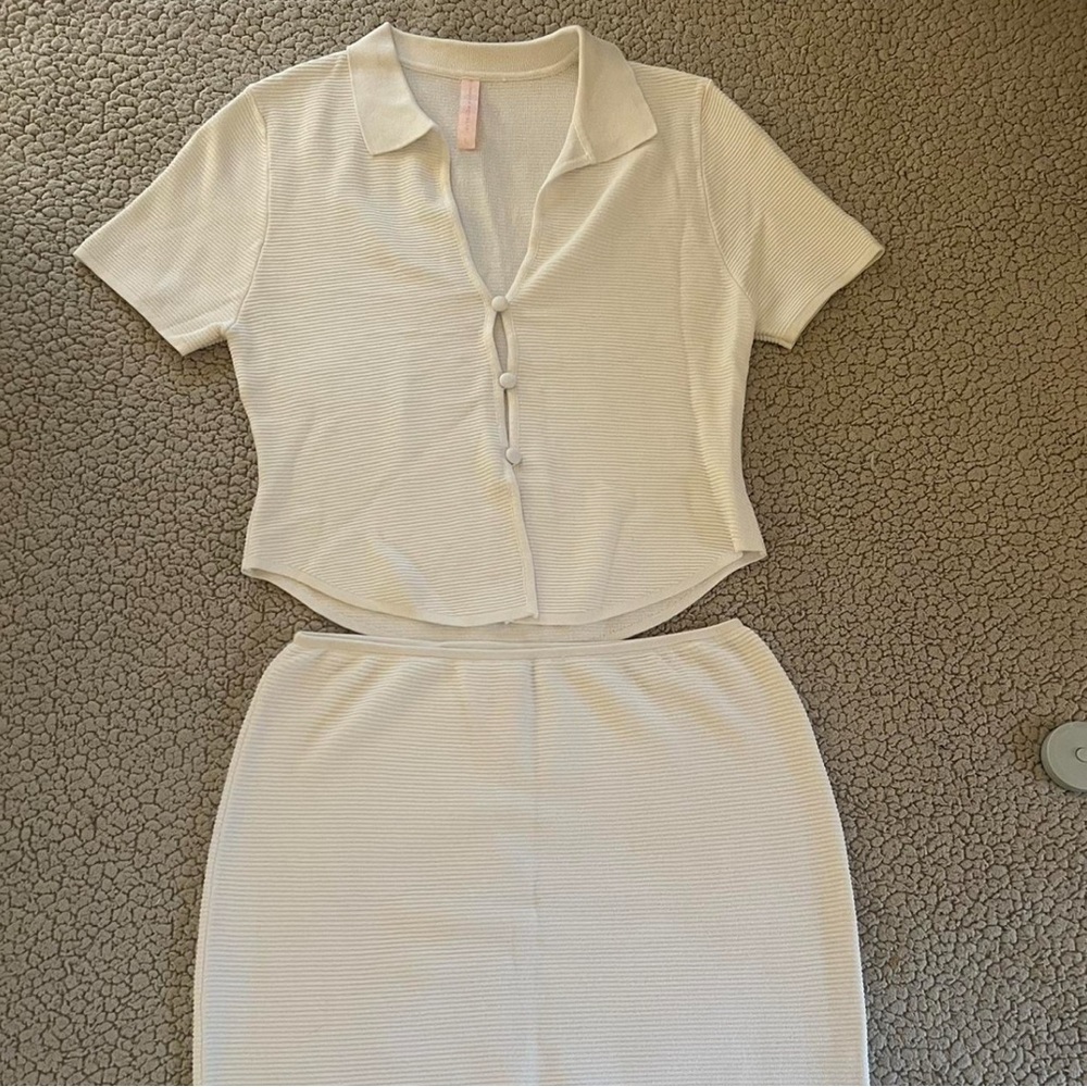 Runaway The Label Cream Button-Up Crop Top and Skirt Set